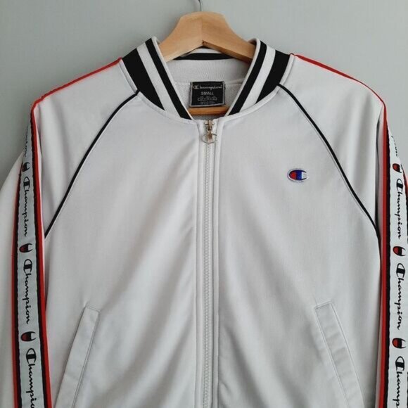 CHAMPION Retro Style Full Zip Athletic Track Jacket White w/ Logo Sz S Flawed - Picture 3 of 15